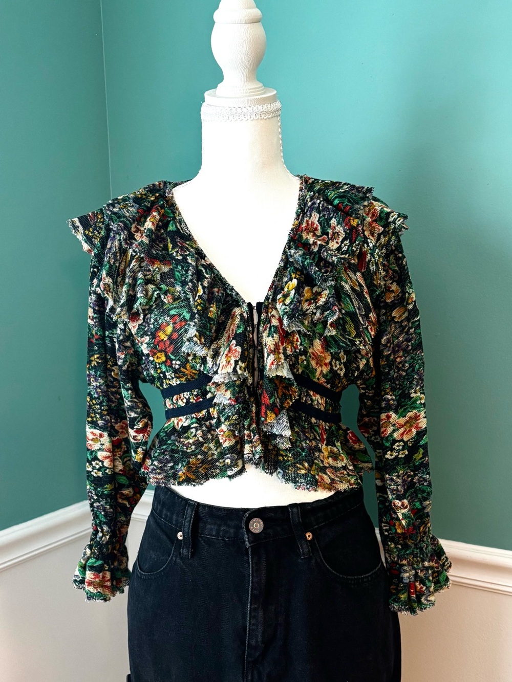 Free People Rudi Ruffle Top XS Night Garden Fairy Grunge Boho